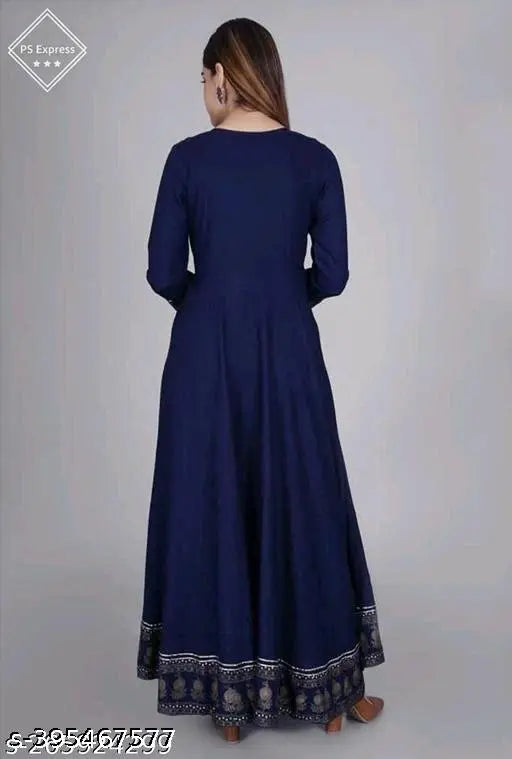 Blue long-sleeve dress with decorative border