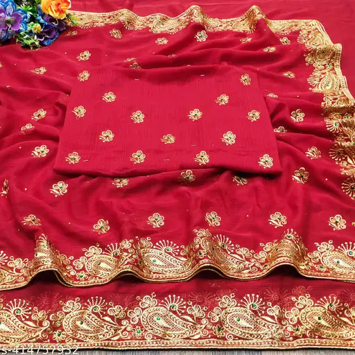 Embroidered red saree with full diamondstone work, handcrafted hendi beauty