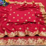 Embroidered red saree with full diamondstone work, handcrafted hendi beauty