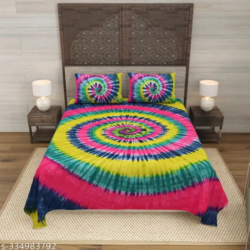 Multicolor rainbow tie & dye 100% cotton king size bedsheet, 2 stitched pillow covers. Ethnic motifs, soft & breathable, ideal for summer