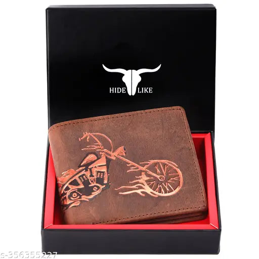 Brown, genuine leather RFID-blocking wallet for men featuring 5 compartments and printed pattern
