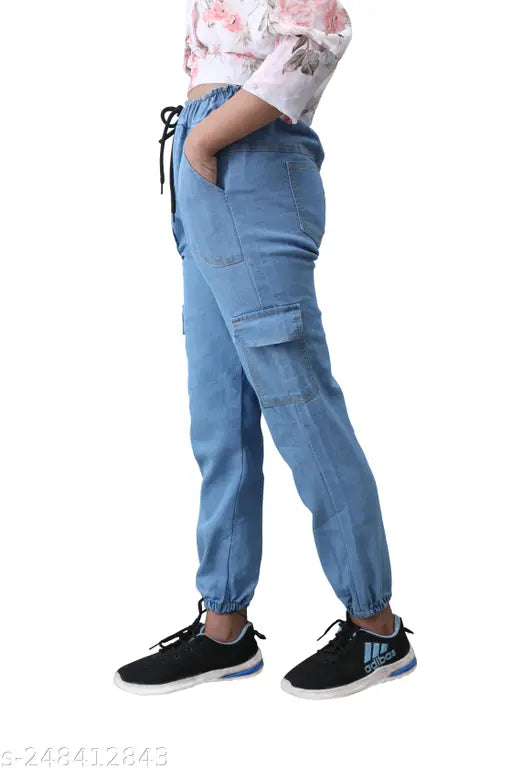 Light blue denim cargo-style joggers for women and girls, soft fabric with tummy control, imported all-purpose pants