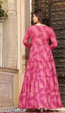 Rayon Anarkali style Pink Kurti with Leaf Print, comfortable, breathable, machine-washable, traditional wear, Sanganeri Print, fits well, affordable price, suitable for various occasions, from India