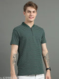 Black cotton polo t-shirt, horizontal stripes, UrGear men's regular fit, Henley neck design, S-XXXL sizes