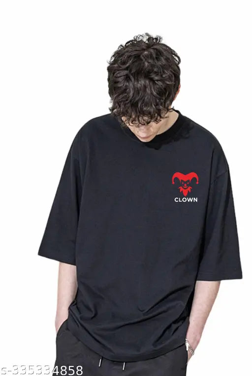 Black Cotton Blend Oversized Joker Clown T-Shirt for Men, 3/4 sleeves, printed design