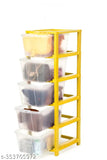 Yellow drawer storage organizer system, home kitchen use, clear plastic, five compartments
