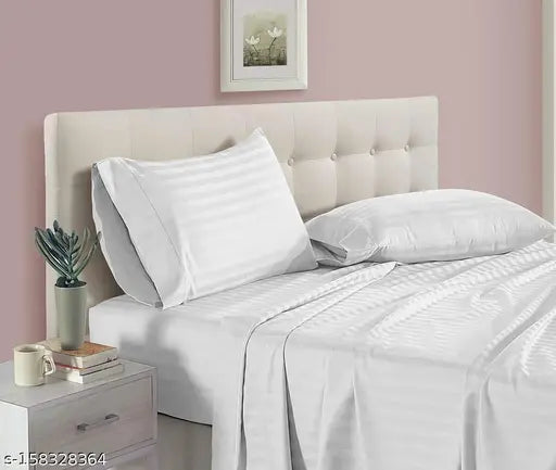 Hotel White Glace Cotton striped flat sheet, one 60x90 inches single bed size with 1 pillow cover from Balaji Trading. Ideal for summer and perfect for adults in the bedroom or hotel