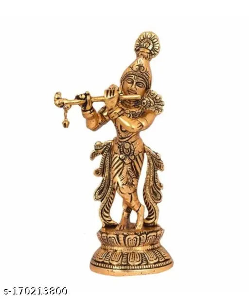 Lord Krishna, gold, flute, metal idol, figurine
