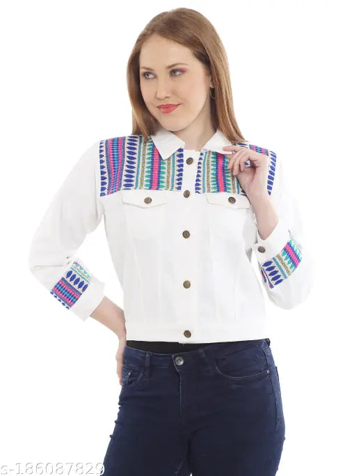 White denim jacket with navy white stripe and embroidered pattern, long sleeves size N (S bust 18in, L 19in)