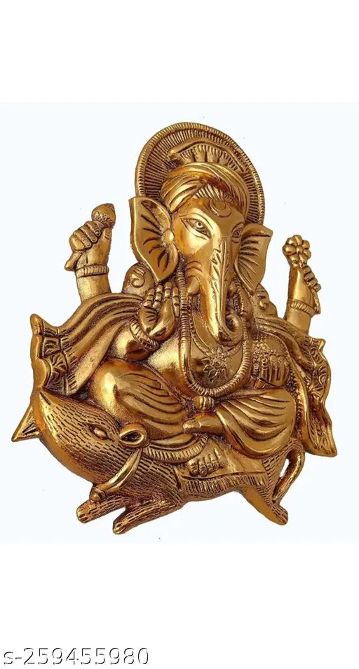 Gold metal Ganesh wall hanging idol, 27.94 cm tall, for home, temple, office decoration and gifting purposes, symbolizing luck and happiness