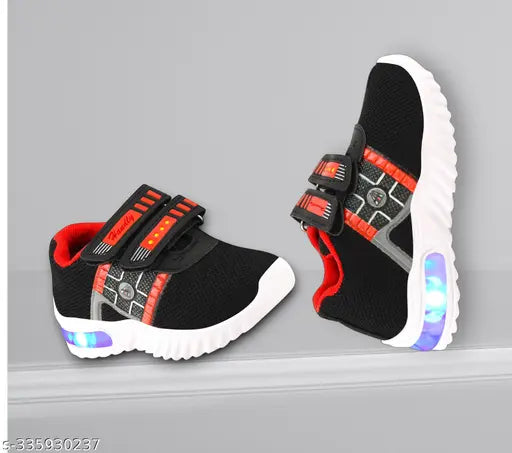 Black and red handly collection kids LED shoes with black laces, Velcro closures, and multiple light up features