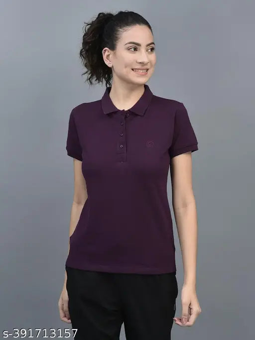 Purple cotton blend polo neck t-shirt by Dollar Women's, perfect for athleisure wear