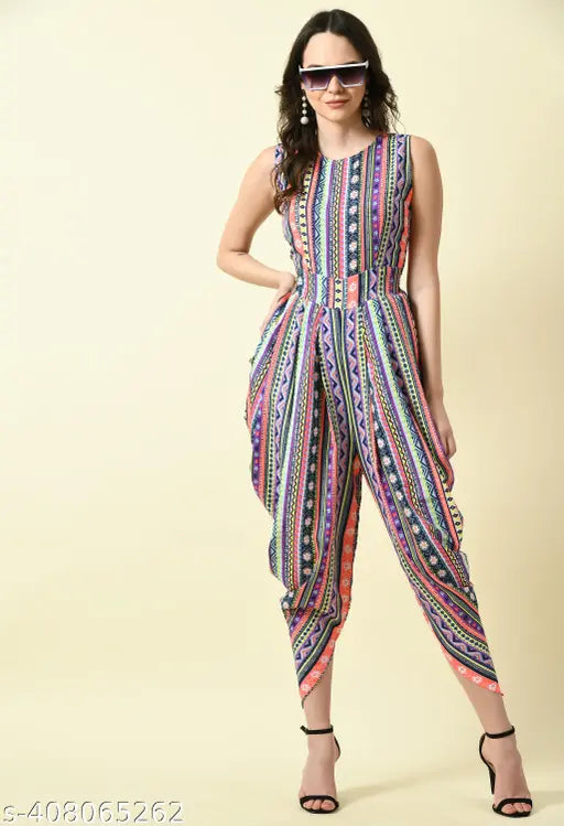 Stylish crepe, sleeveless dhoti jumpsuit digital print dress (India), available in sizes S, M, L, XL