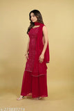 Red faux georgette sleeveless kurta with embroidery work and sharara