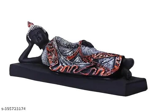 Handcrafted black and silver polyresin sleeping Buddha statue, 19 cm x 7 cm x 4.5 cm, adorns home decor and repels negative energy (India)