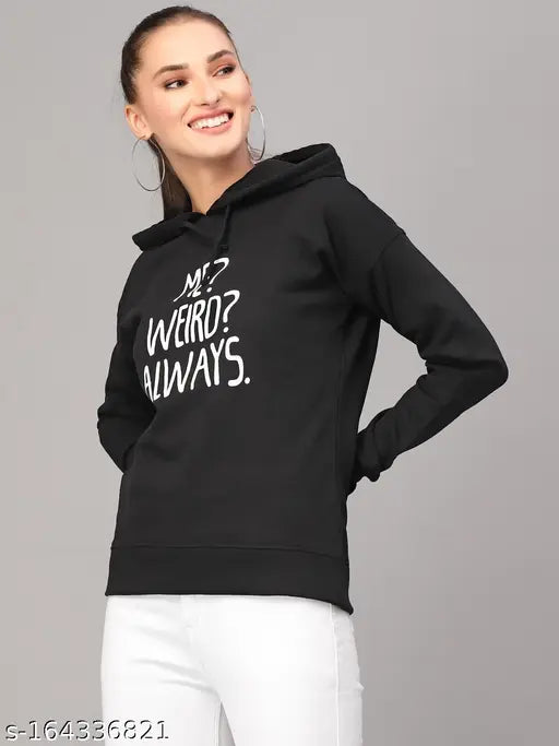 Black cotton printed hooded sweatshirt for women, full sleeves regular fit with typography, ideal wardrobe accessory, pair with denim pants and shoes