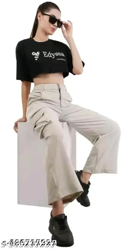 Khaki cargo pants with multiple pockets and black shirt