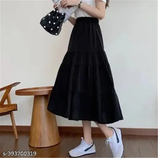 Black midi skirt, gathered waistband, knee length
