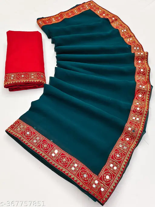 Georgette mint green sari with red pallu