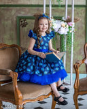 Blue satin children's round neck frock dress by Niren Enterprise, printed net pattern, sizes range from 1-2 to 7-8 years