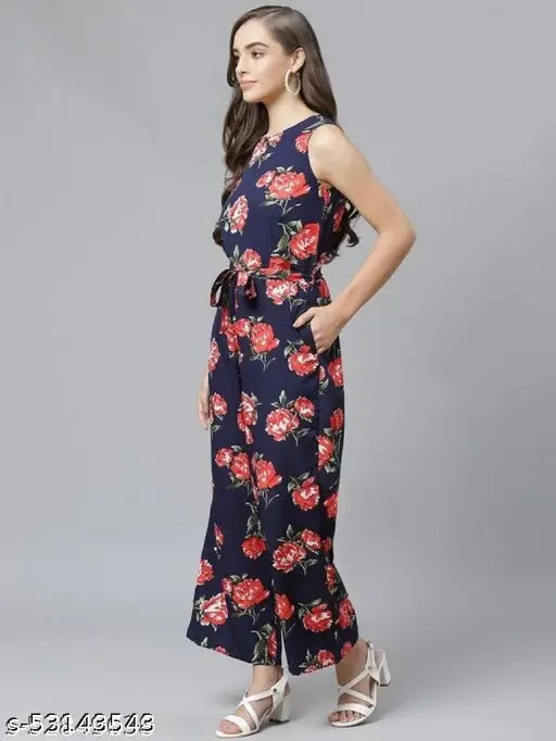 Trendy printed net crepe sleeveless jumpsuit, S-XL sizes from India