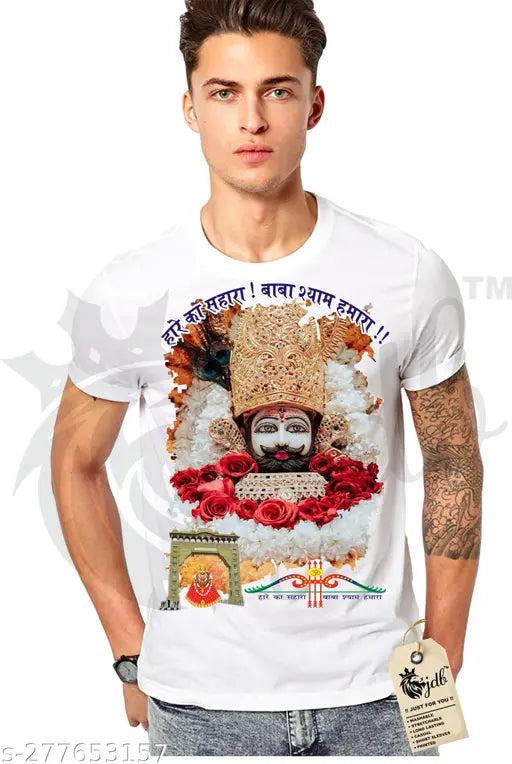 Striped nylon half sleeve Khatu Shyam T-shirt for men and women, under 149 INR