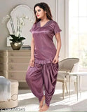 Stylish wine-colored satin pyjama set for women, featuring Patiala pants and short-sleeved top with intricate lace detailing