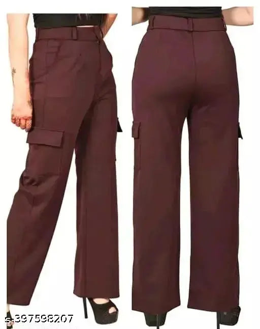 Solid cotton-lycra cargo pants for women, comfortable fit with four pockets, made in India
