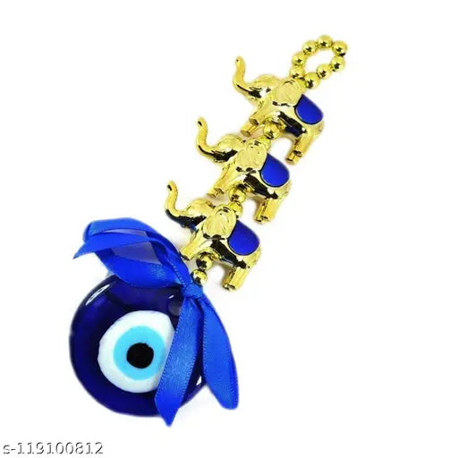 Blue glass Paystore 3 golden elephant evil eye hanging for good luck and prosperity - Vastu net