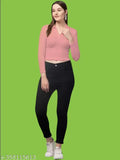 Peach polyester blend V-neck T-shirt with long sleeves, suitable for casual and formal events