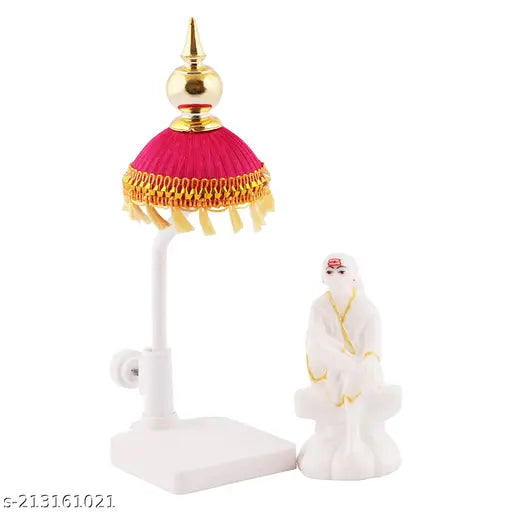 Marble Sai Baba Idol with Red & Yellow Umbrella, Indian Hindu God Statue (2.5 x 1 x 7 inches)