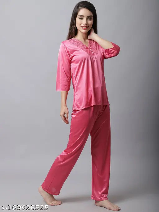 Boston Club satin women's nightsuit, solid-colored satin pyjamas for ladies