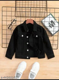 Black faux leather boys ethnic jacket, 3/4 length, black buttons, front pocket