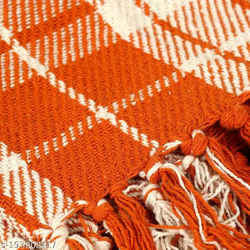 Orange and white plaid cotton blanket by SASHAA WORLD, 125x150 cm, 1200g for living room or bedroom