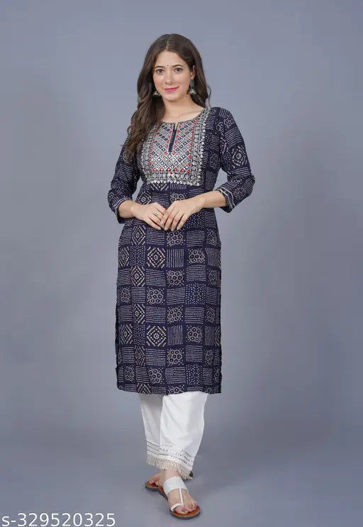 Bandhni Print Viscose Rayon Three-Quarter Sleeve Kurti, single patterned, round neck, mirror work yoke on neck, size options available for women
