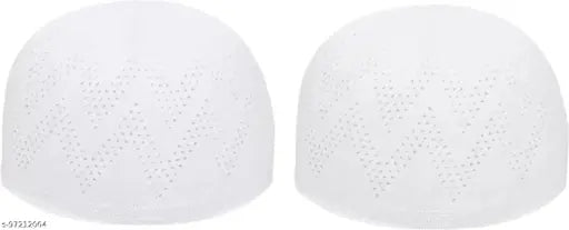 White cotton sufi cap pack of 2, traditional Islamic prayer topi for namaz in solid design from India