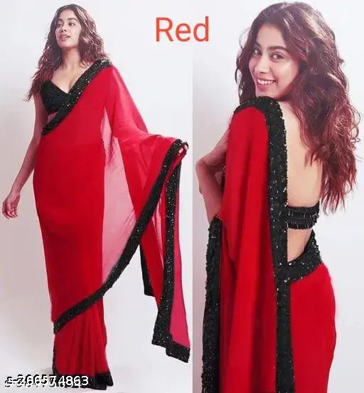 Red heavy georgette saree with embroidered lace border, 3m length