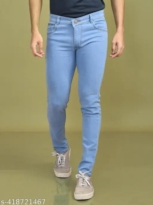 Denim dyed/washed men's jeans, stylish latest cut. Men's cotton mid-rise jean in regular fit - size 28/30/32/34/36/38/40/42/44 (inseam 42 inches for all sizes) with waist and hip sizes specified, origin India