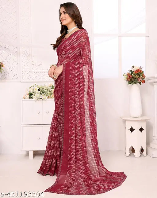 Georgette and Hot Fix Lace saree with unstitched blouse material - Indian women's fashion accessory for special events, free size, length 5.2m/0.8m