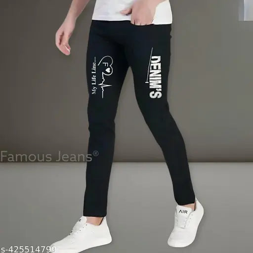 Black casual slim-fit jeans with white lettering