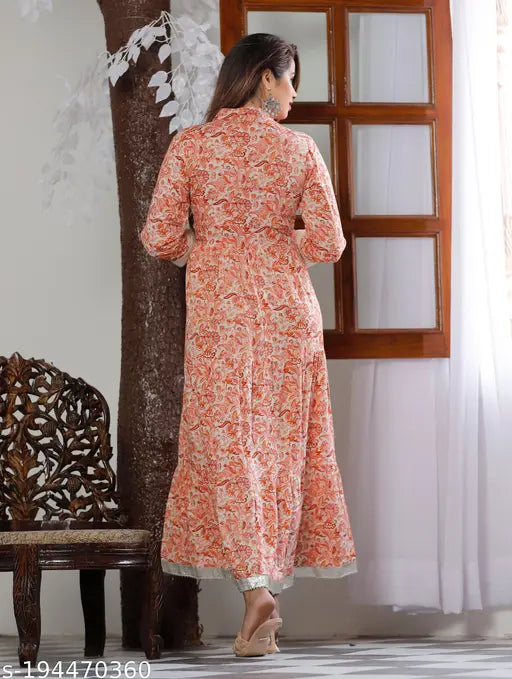 Orange kameez/kurta, long length, embroidered with lace detailing