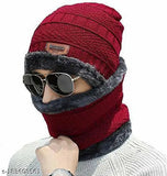 Red wool beanie set, solid net pattern in rich red color from India