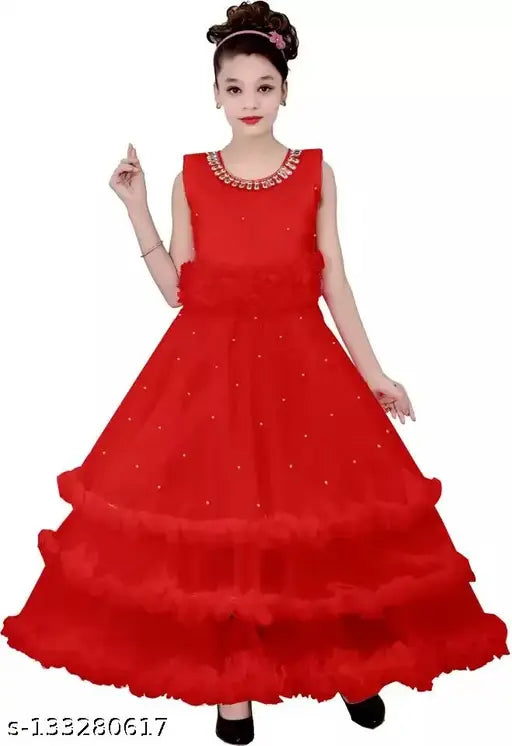 Embellished net high low gown for kids party wear, silver or light green, inspired by celebrity looks, satin fabric, available in various sizes from 6-12 years old