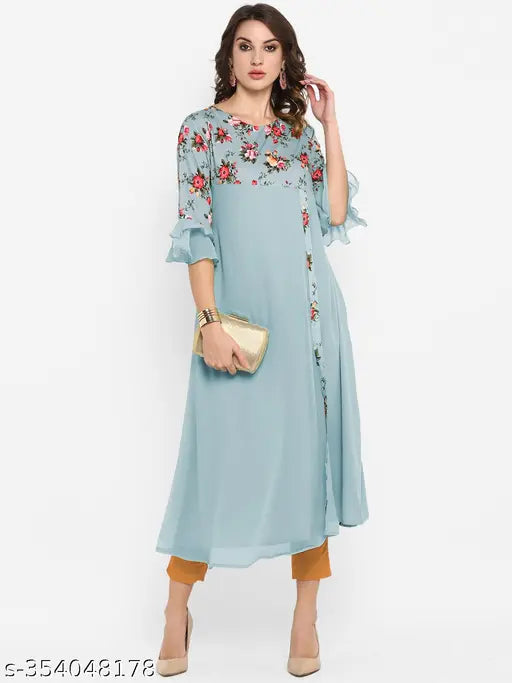 Blue poly crepe floral print women's long sleeve kurta with V-neck, mid length sleeves