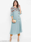 Blue poly crepe floral print women's long sleeve kurta with V-neck, mid length sleeves