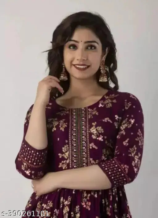Rayon printed anarkali gown with three-quarter sleeves, vibrant Indian design. S (36in bust, 45in length), M (38in bust, 45in length), L (40in bust, 45in length), XL (42in bust, 45in length), XXL (44in bust, 45in length), XXXL (46in bust, 45in length) - India-made fashion