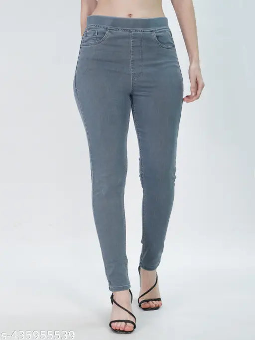 Grey denim fix elastic jegging for women, high-rise slip-on style with faded appearance, Made in India