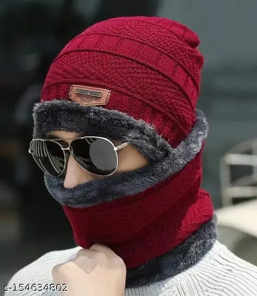 Red knitted winter cap with a fur-lined rim, providing extra warmth; includes a matching neck scarf