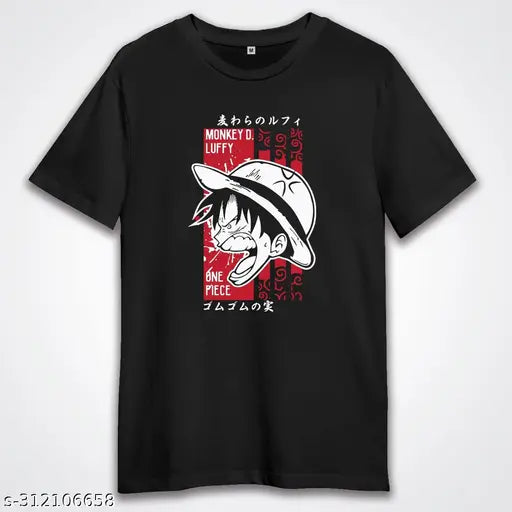 Angry Luffy One Piece printed black cotton blend round neck tee, casual wear for anime & manga fans, Japan-inspired design