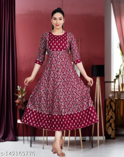 Red wine Rayon Anarkali Kurta with sequin work, flared style and printed combo - festive designer partywear for women